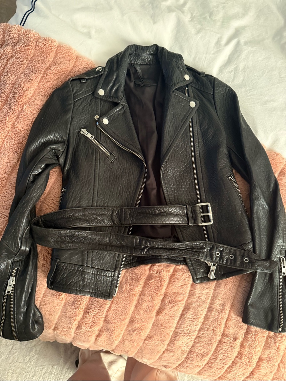 Aritzia Black Leather Moto Jacket with Belted Waist